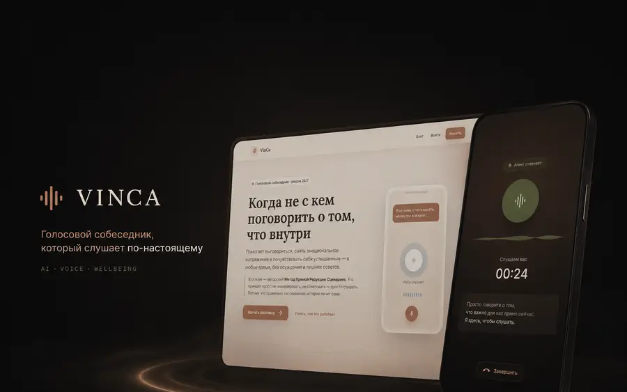 VinCa: логотип, экран сайта и разговор с голосовым собеседником на телефоне
